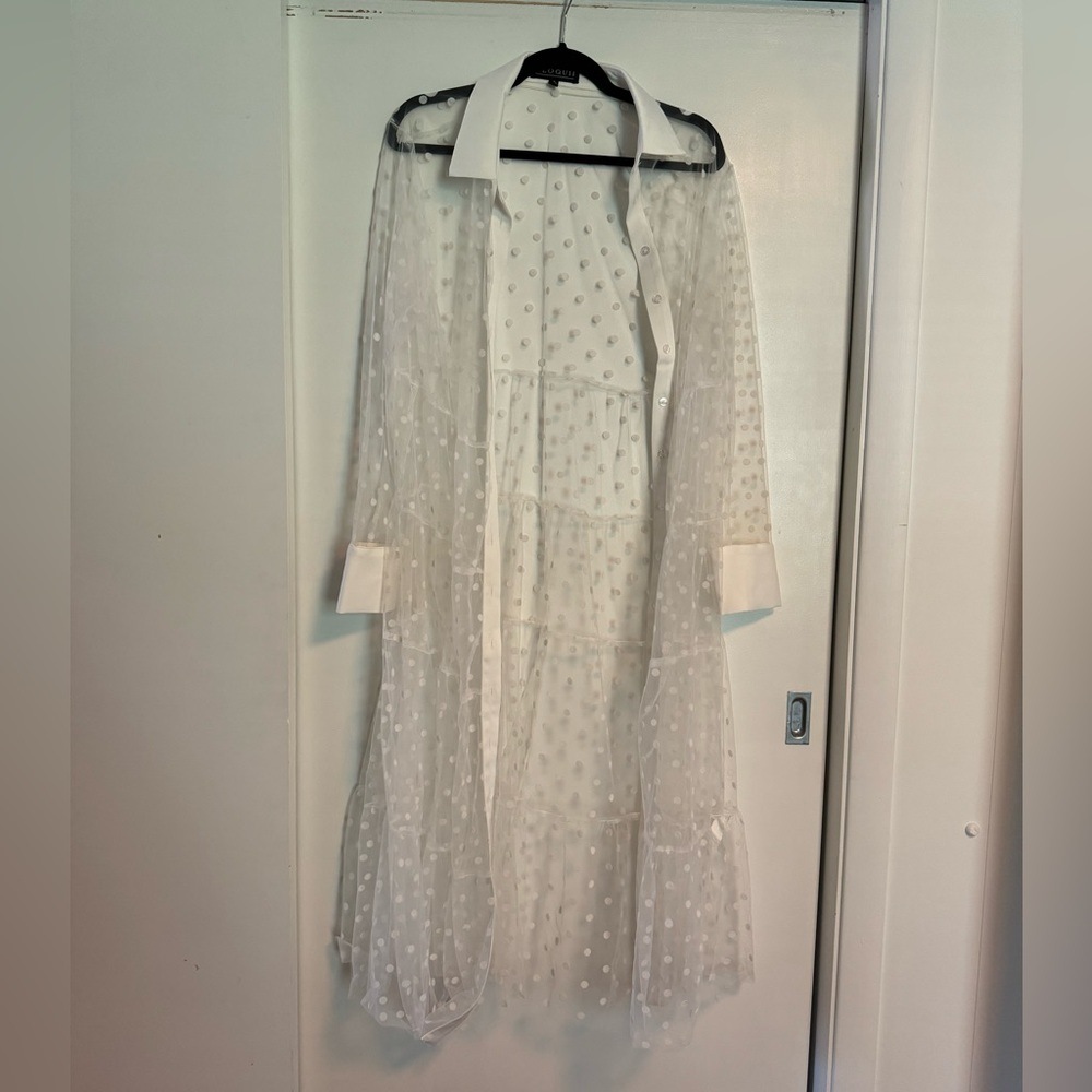 White Sheer Polka Dot Tiered Maxi Shirt Dress ELOQUII